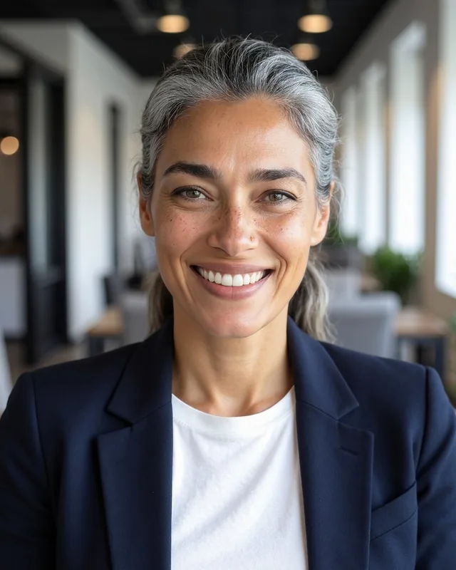 Model 01 smiling in a navy blazer in a bright office, AI headshot example